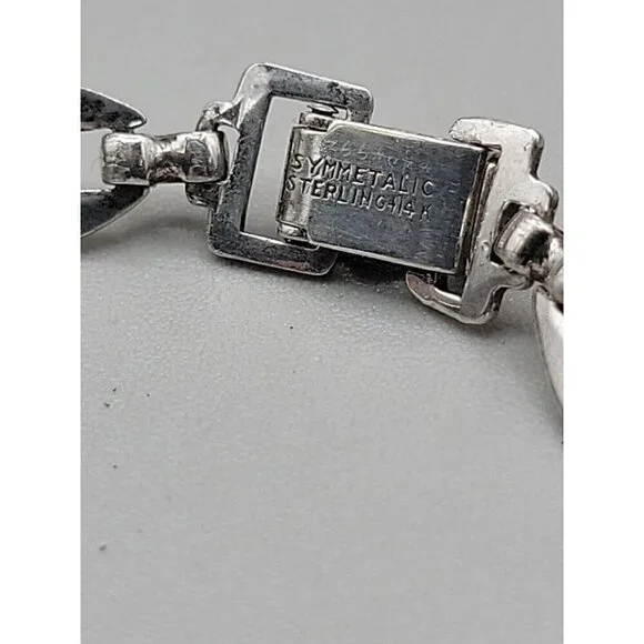 14k W. E. Richards Co. Symmetalic Sterling & Scarab Bracelet 6" Gemstones 1940s - Picture 8 of 15